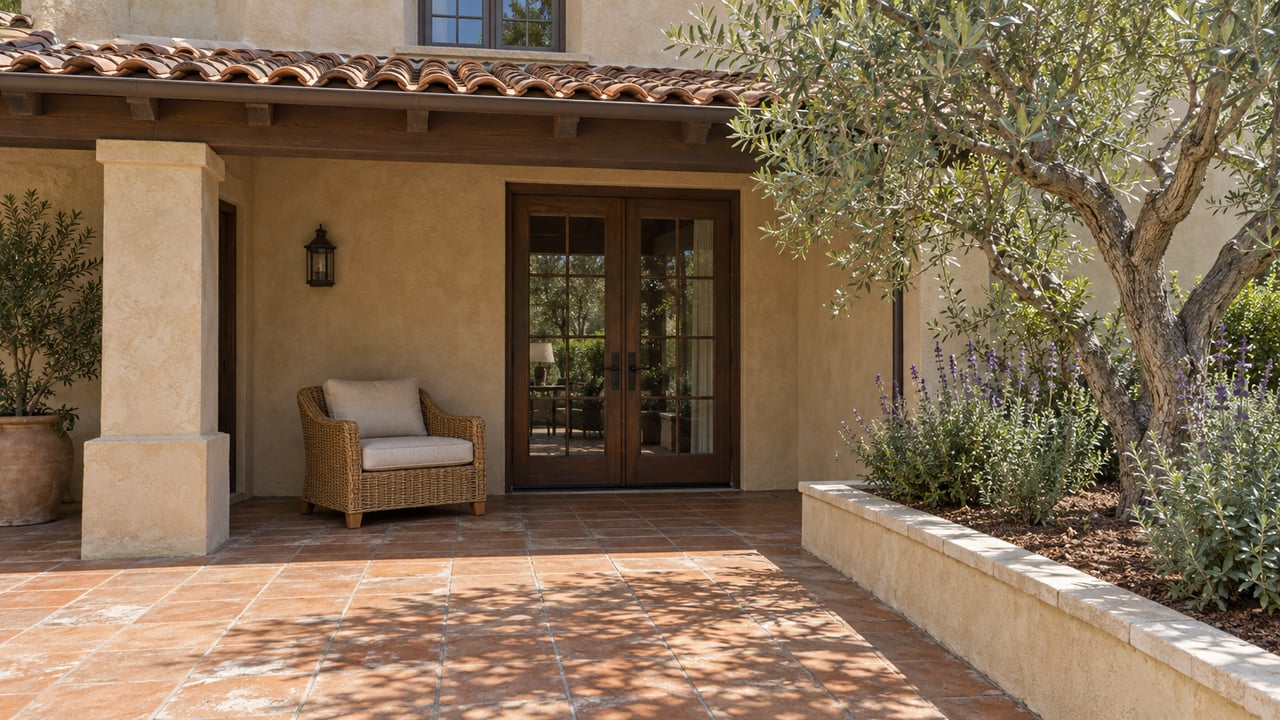 Sunlit terracotta terrace beside a buff stucco home, with closed wood-framed glass doors, a woven chair and an olive tree.