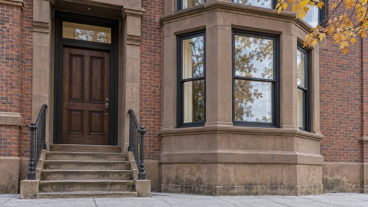 Red-brick condo facade with a sandstone bay, tall sash windows and a recessed oak entrance above worn stone steps.