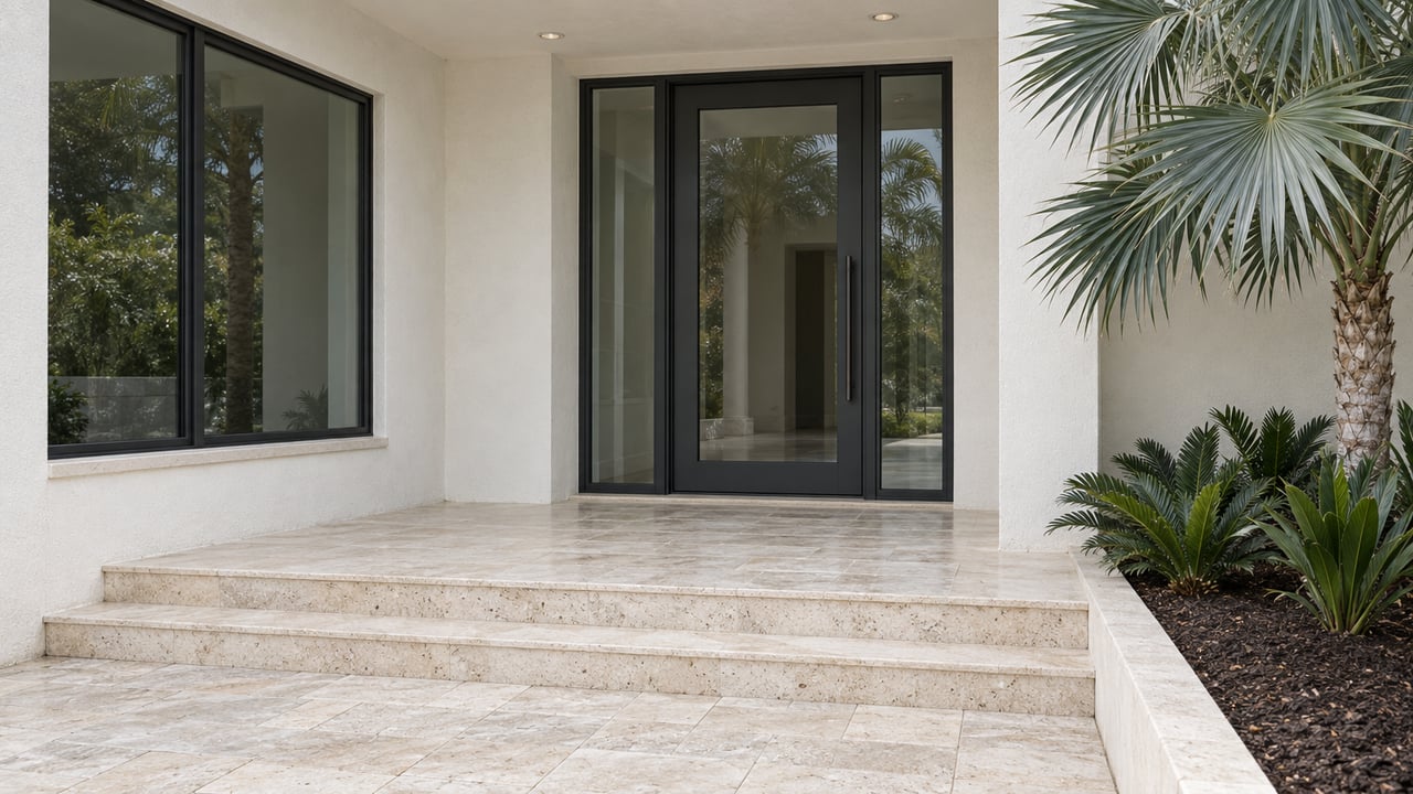 Warm-white stucco entry with dark-framed glazing, pale limestone steps and a silver thatch palm.