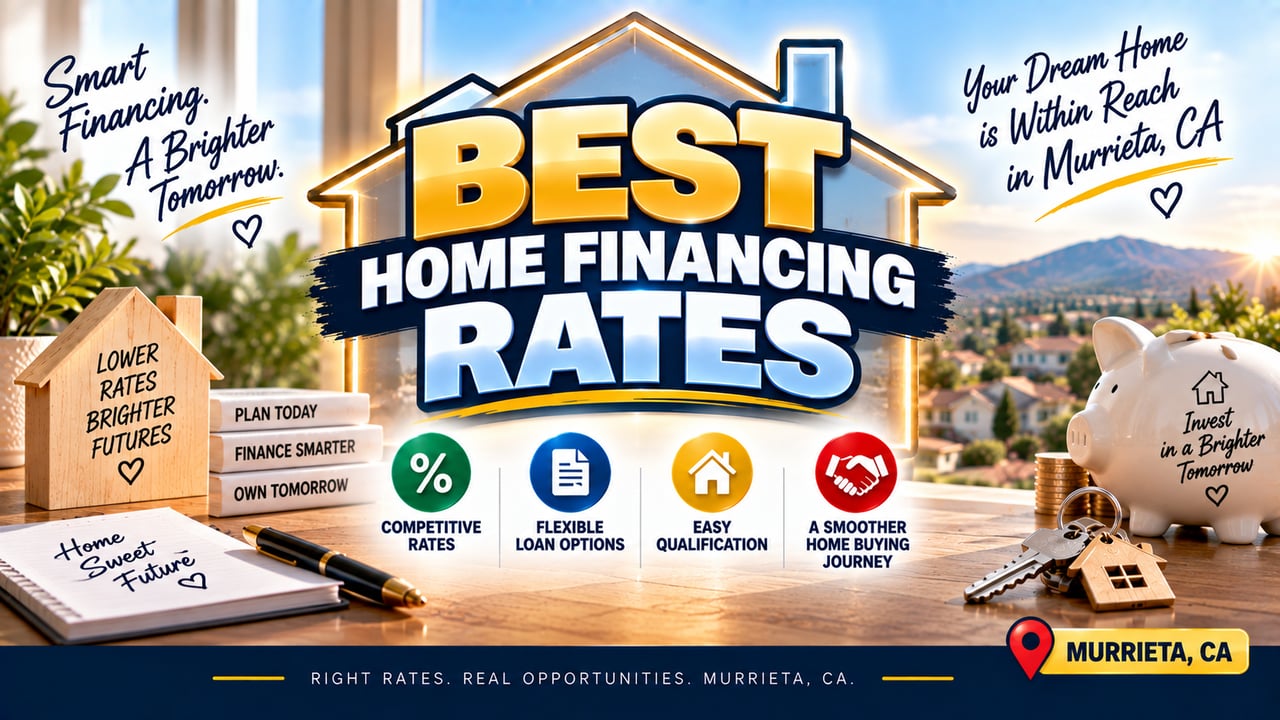 Excited home buyer graphic featuring Best Financing Rates text and contact details for Murrieta CA real estate.