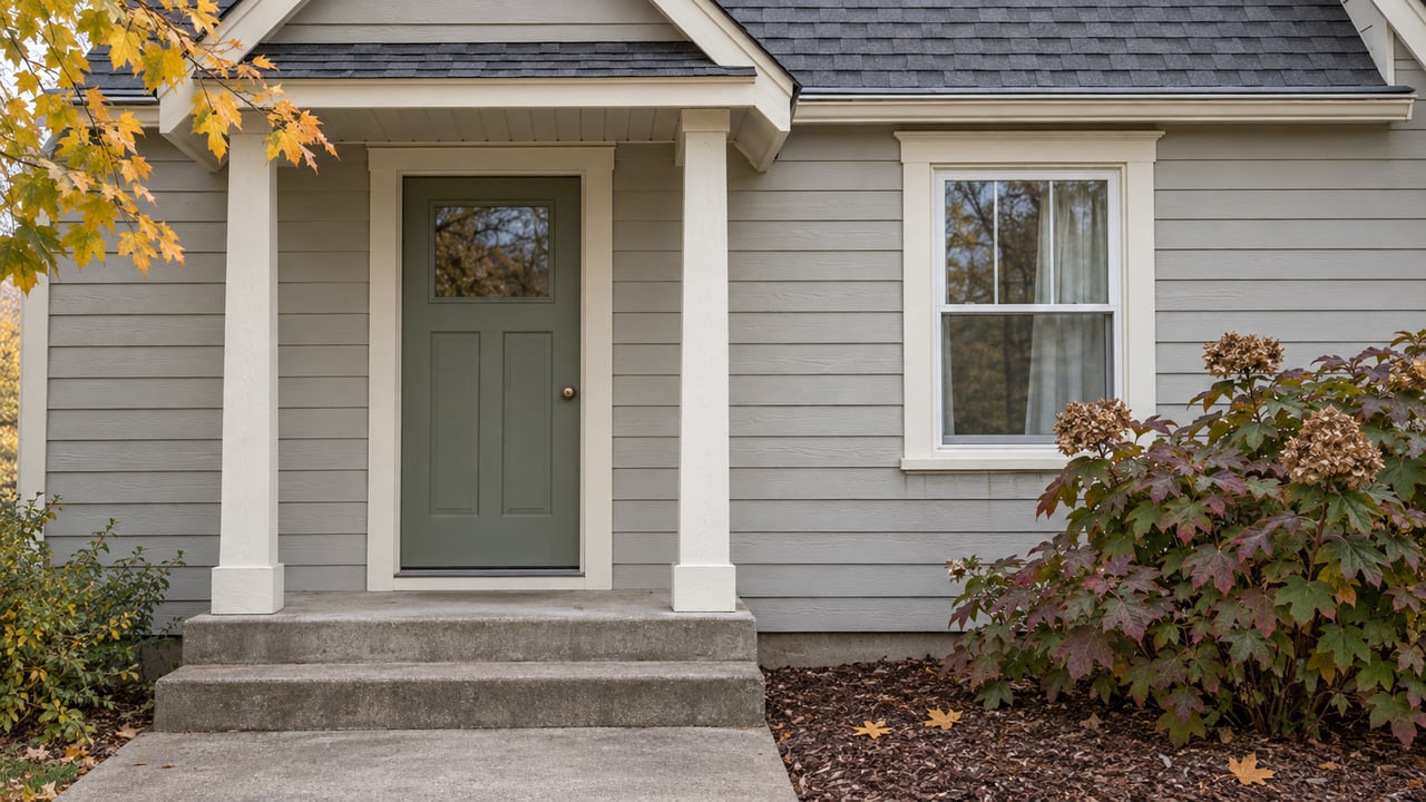 Close view of a sage cottage door and white-trimmed window above a concrete stoop, with oakleaf hydrangea and autumn maple leaves.