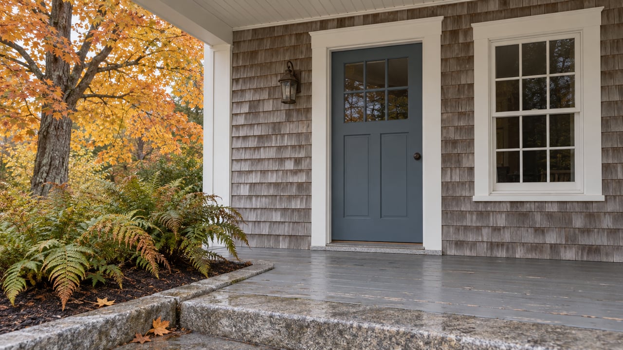 A slate-blue front door and white-trimmed window on a weathered cedar-shingle porch, with granite steps and an autumn maple beside the entry.