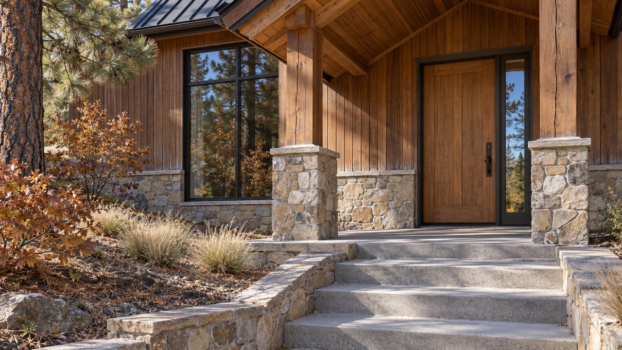 Cedar and sandstone home entrance with broad concrete steps, timber posts and autumn native planting.