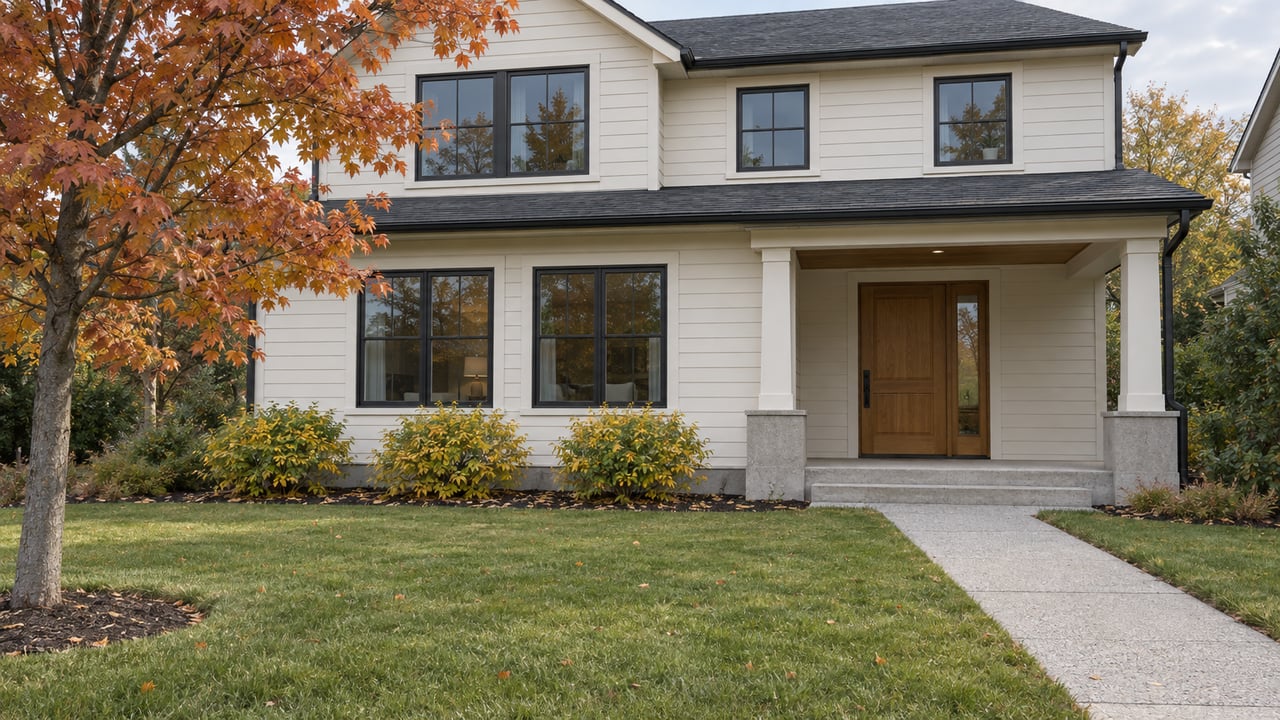 Updated two-story home with ivory siding, dark-framed windows, a deep front lawn and a copper-orange deciduous tree.