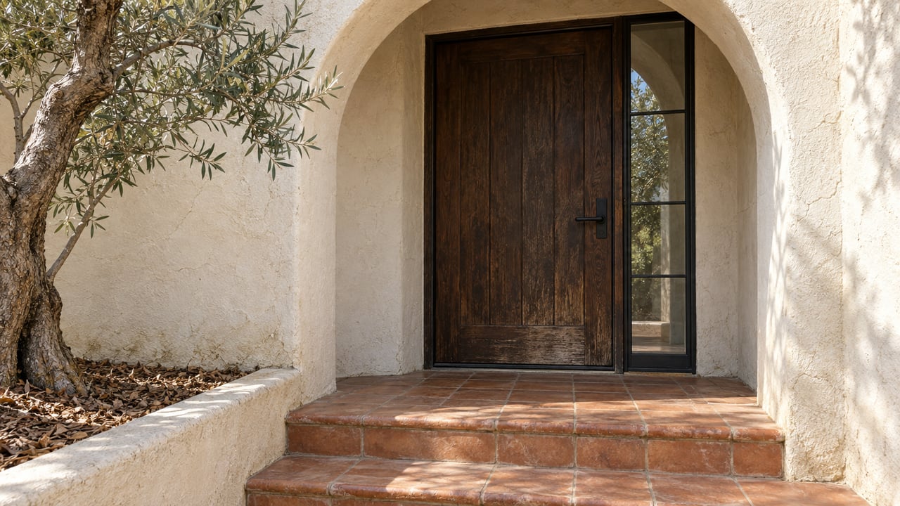 Sunlit textured stucco arch framing an aged wood front door above worn terracotta steps, beside an olive tree.