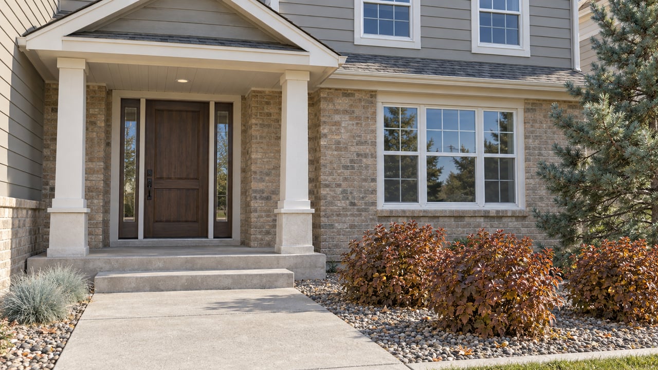 Sunlit brick and gray-sided home with a covered entry, concrete approach and autumn shrubs.