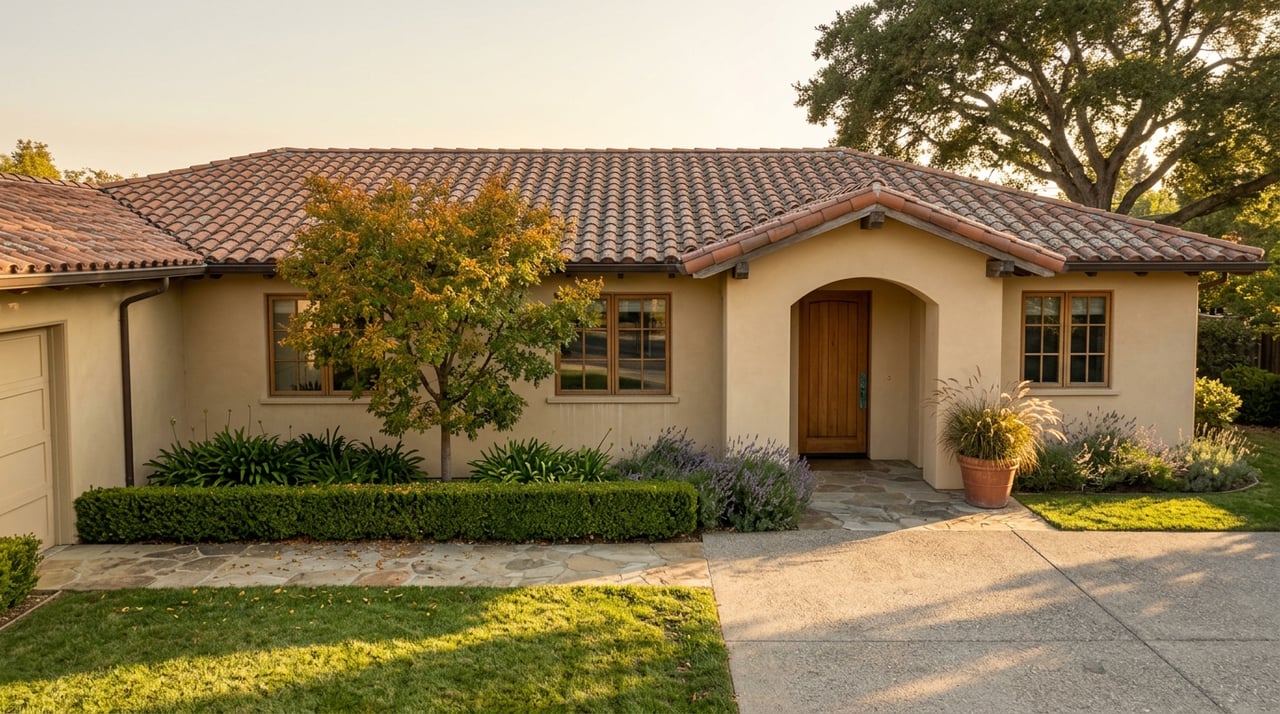 Mediterranean-style stucco ranch home with a terracotta roof, arched cedar entry, flagstone walk, and mature oak.