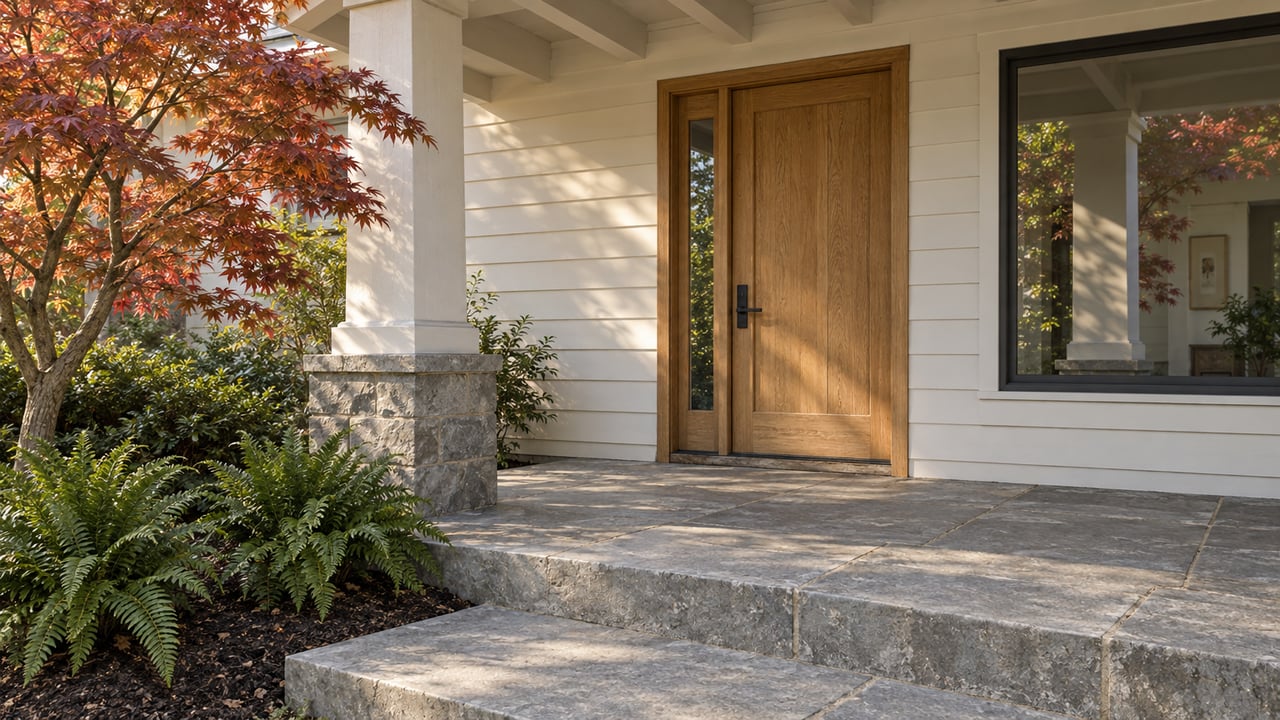 Covered entry porch with pale lap siding, an oak front door, dark-framed glazing, sandstone steps and a copper-leaved Japanese maple.