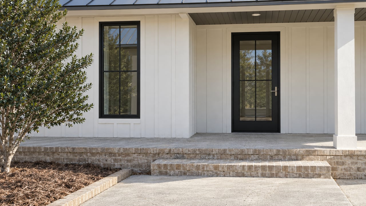 White board-and-batten home entrance with dark-framed glazing, a blue-gray metal porch roof and sand-colored brick steps in bright daylight.