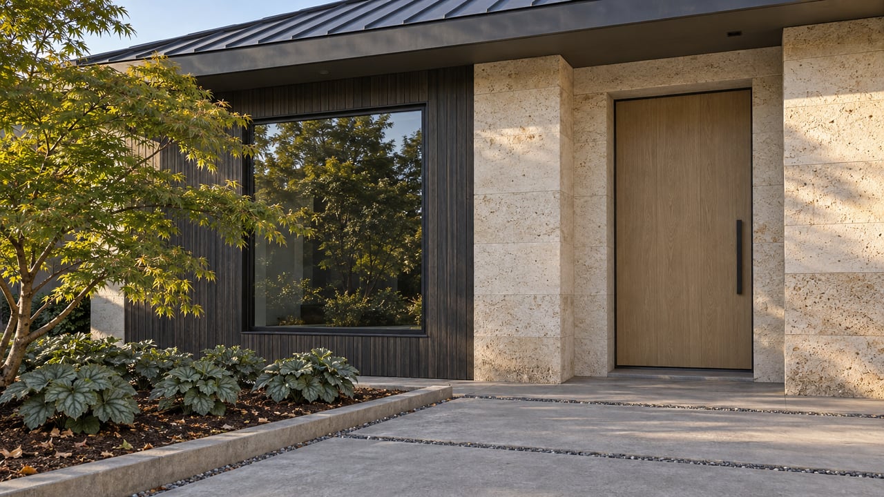 Contemporary home entry with limestone walls, charcoal siding, a wood door, and a Japanese maple beside a concrete approach.