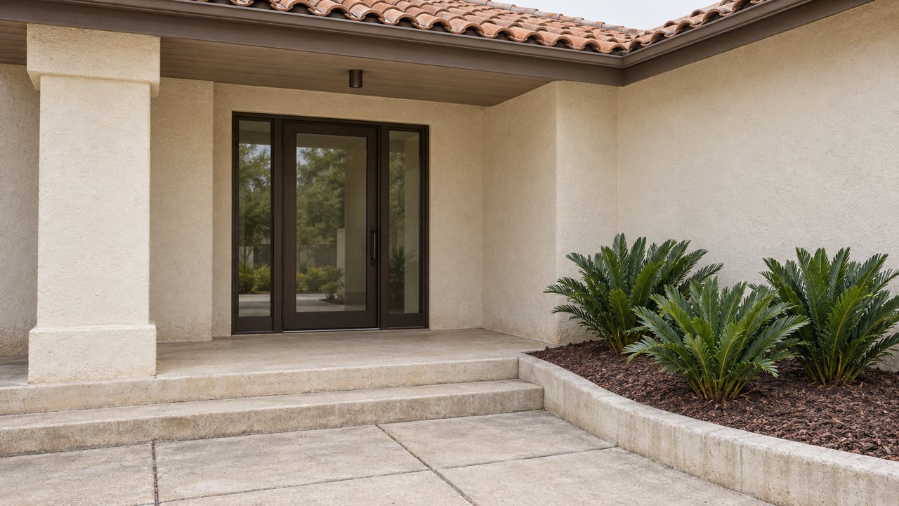 Cream stucco home entry beneath a terracotta roof, with bronze-framed glazing, worn concrete steps, and three coontie plants.