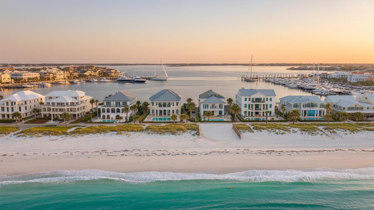 Coastal homes line a white-sand beach beside a marina filled with sailboats at sunset.