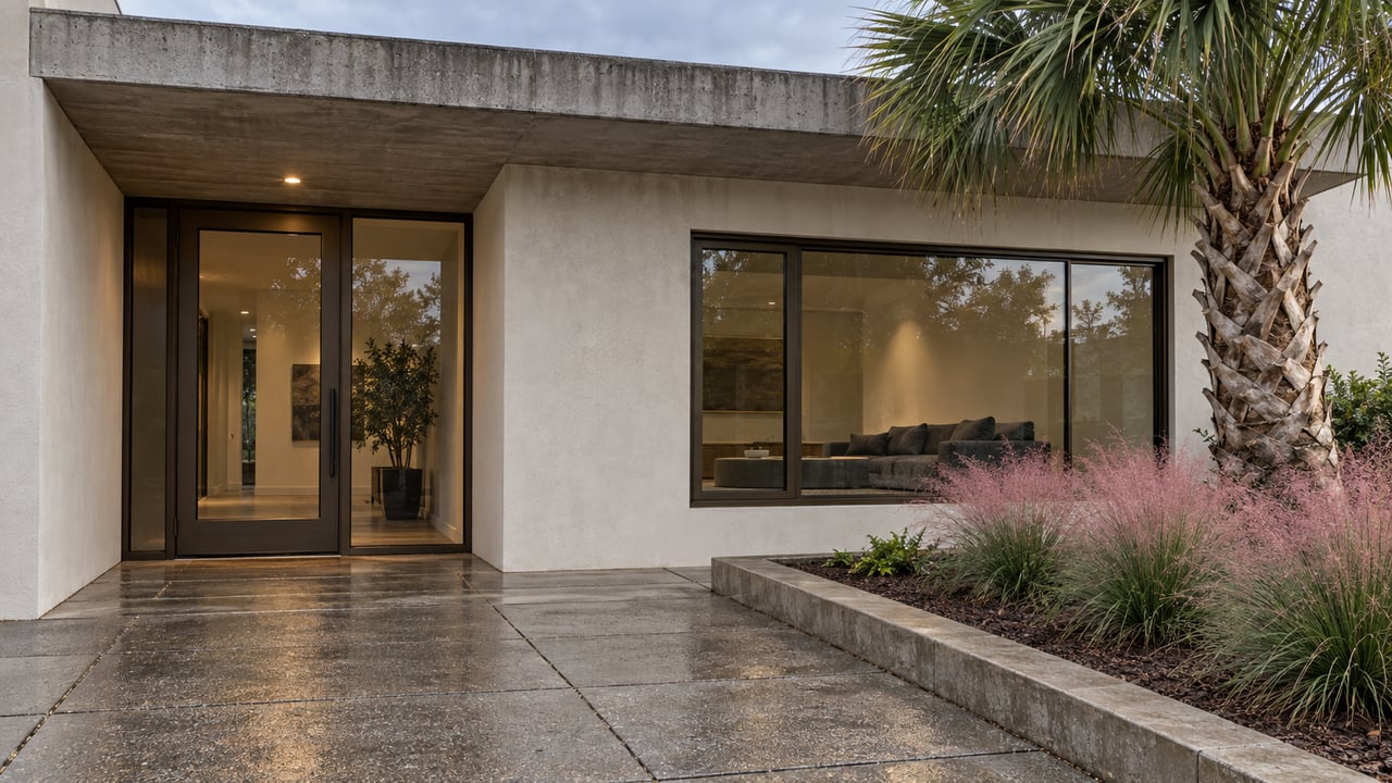 Modern plaster-and-concrete home with bronze-framed glass, damp paving, and a sculptural palm beside pink muhly grass.