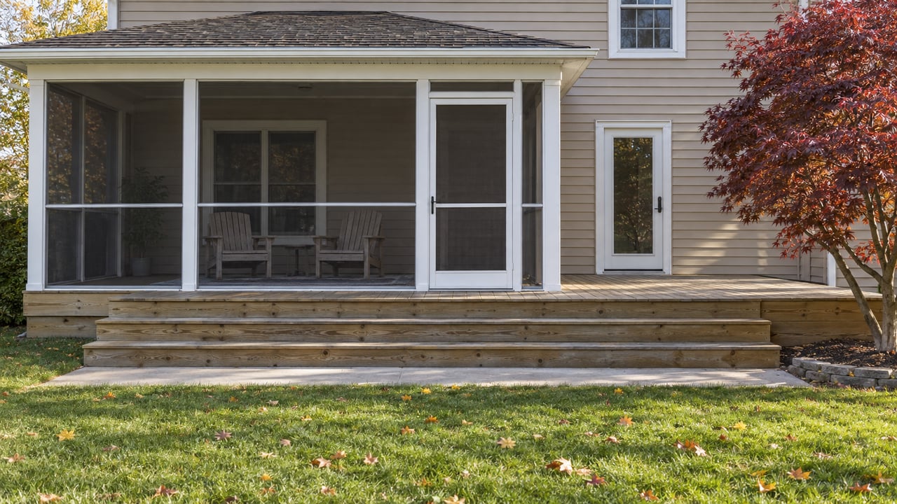 Autumn afternoon light on a tan-sided home's screened porch, weathered wood deck and broad steps overlooking a lawn.