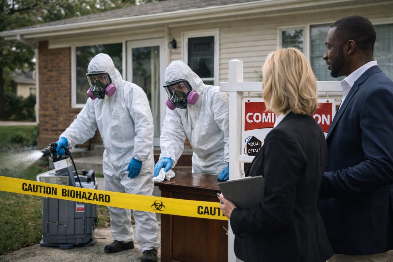 Two biohazard cleanup technicians in protective suits and respirators sanitize a property exterior while two real estate agents observe, with caution tape and a "Coming Soon" sign visible.