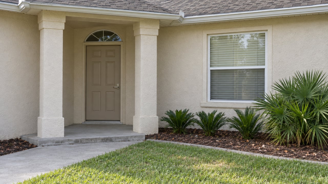 Home entrance with a recessed taupe door, columned porch, window, and tropical landscaping.