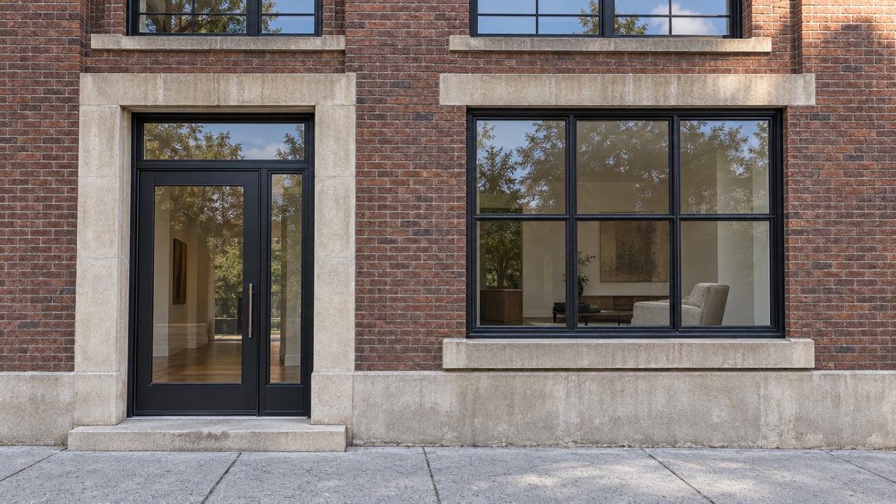 Brick residential loft facade with limestone trim, black divided-light windows and a glazed entrance beside a concrete sidewalk.