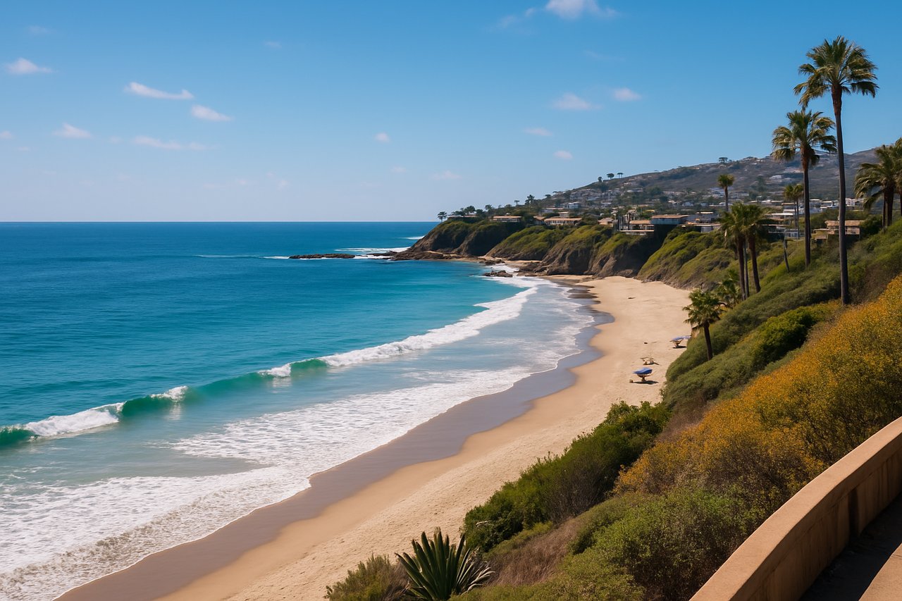 Laguna Beach shoreline viewed from a coastal bluff near Aliso Viejo, with turquoise water, sandy beach, and palm-lined cliffs