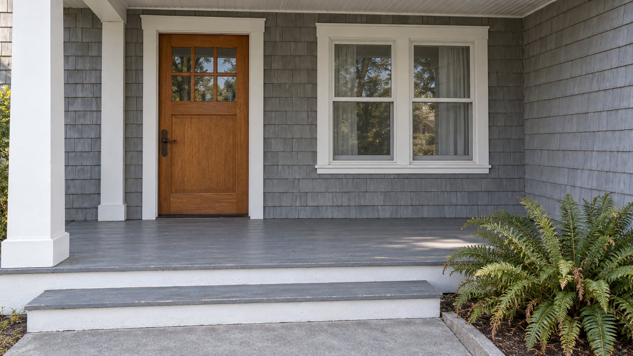 Covered bungalow porch with gray cedar shingles, a honey-brown divided-light door, white trim, and a fern beside the concrete approach.
