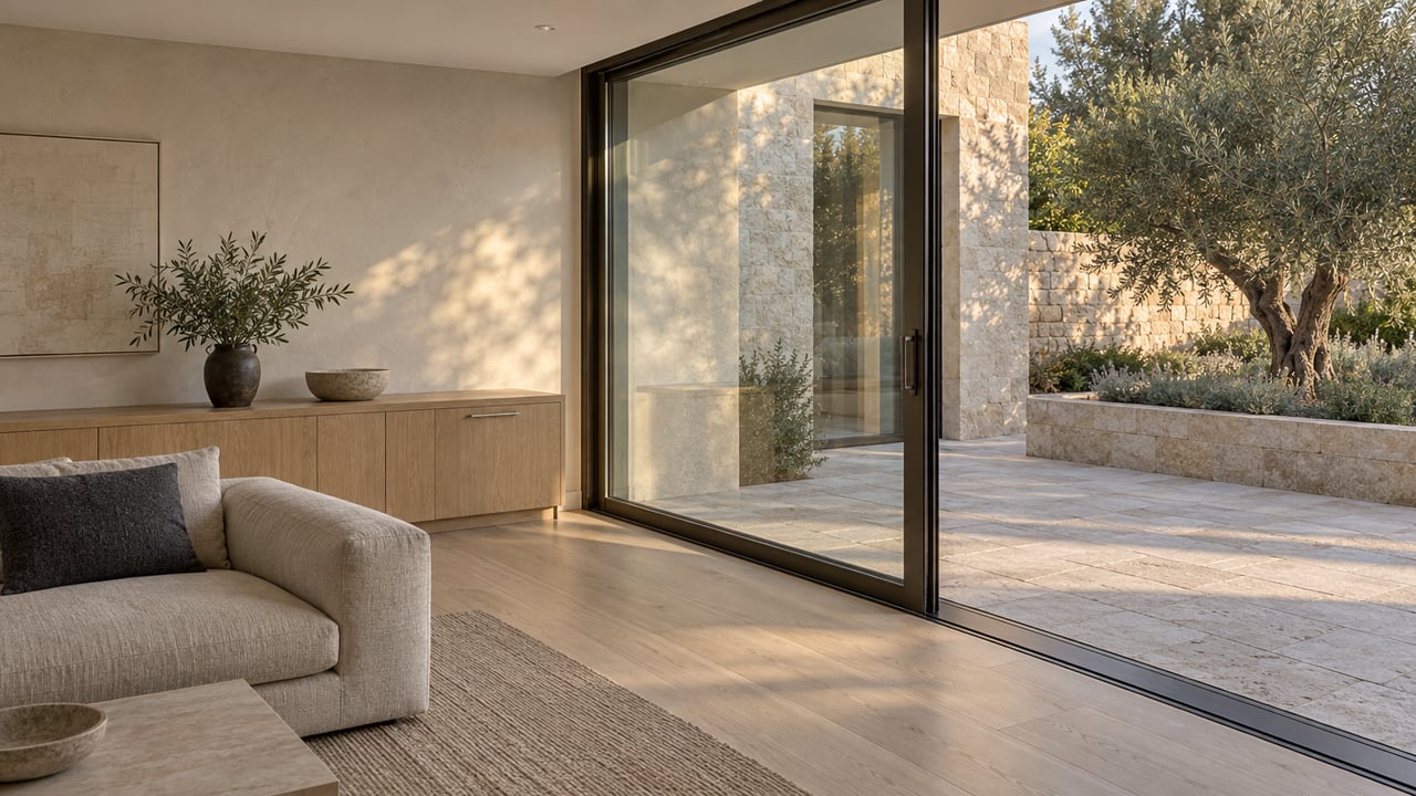 Living room with pale oak floors, dark-framed glazing, and an olive tree on the stone terrace.