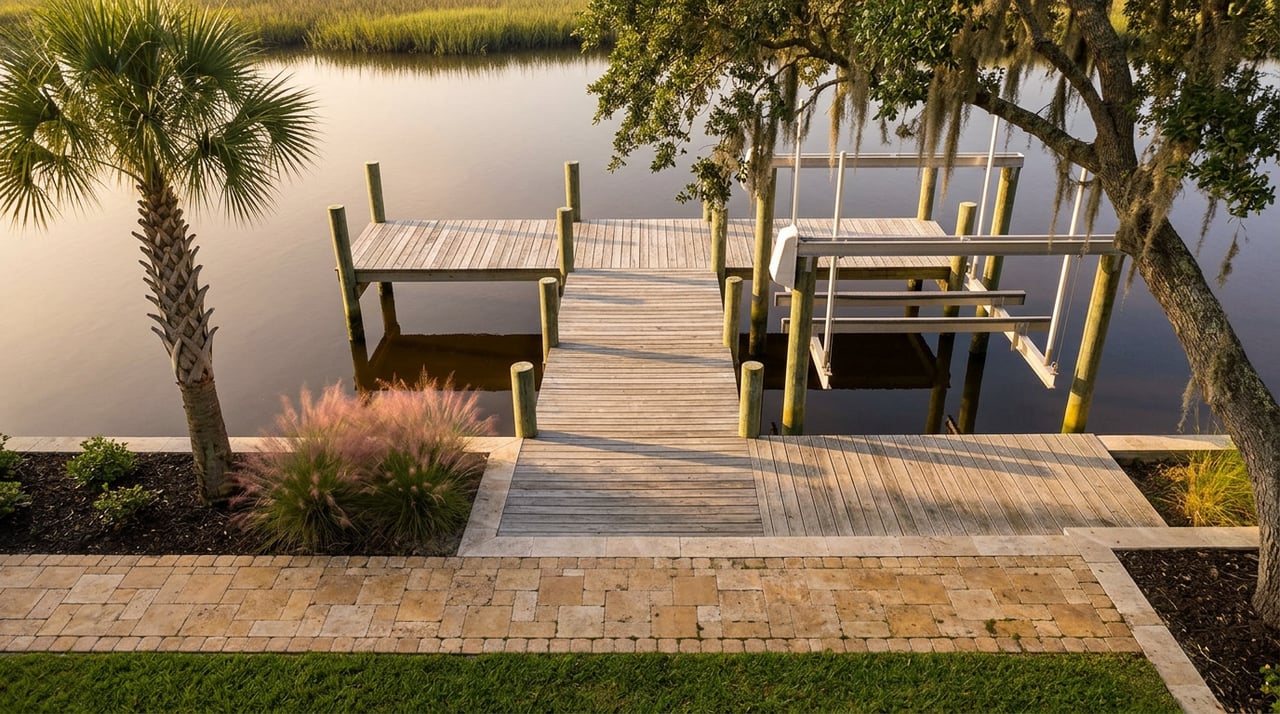 Weathered wooden dock with a boat lift beside a travertine patio, shaded by a moss-draped live oak.