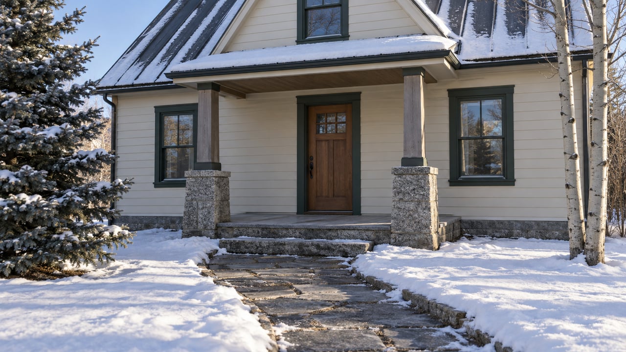Snow surrounds a cleared granite approach to a cream-sided house with a timber porch, steep metal roof and evergreen tree.