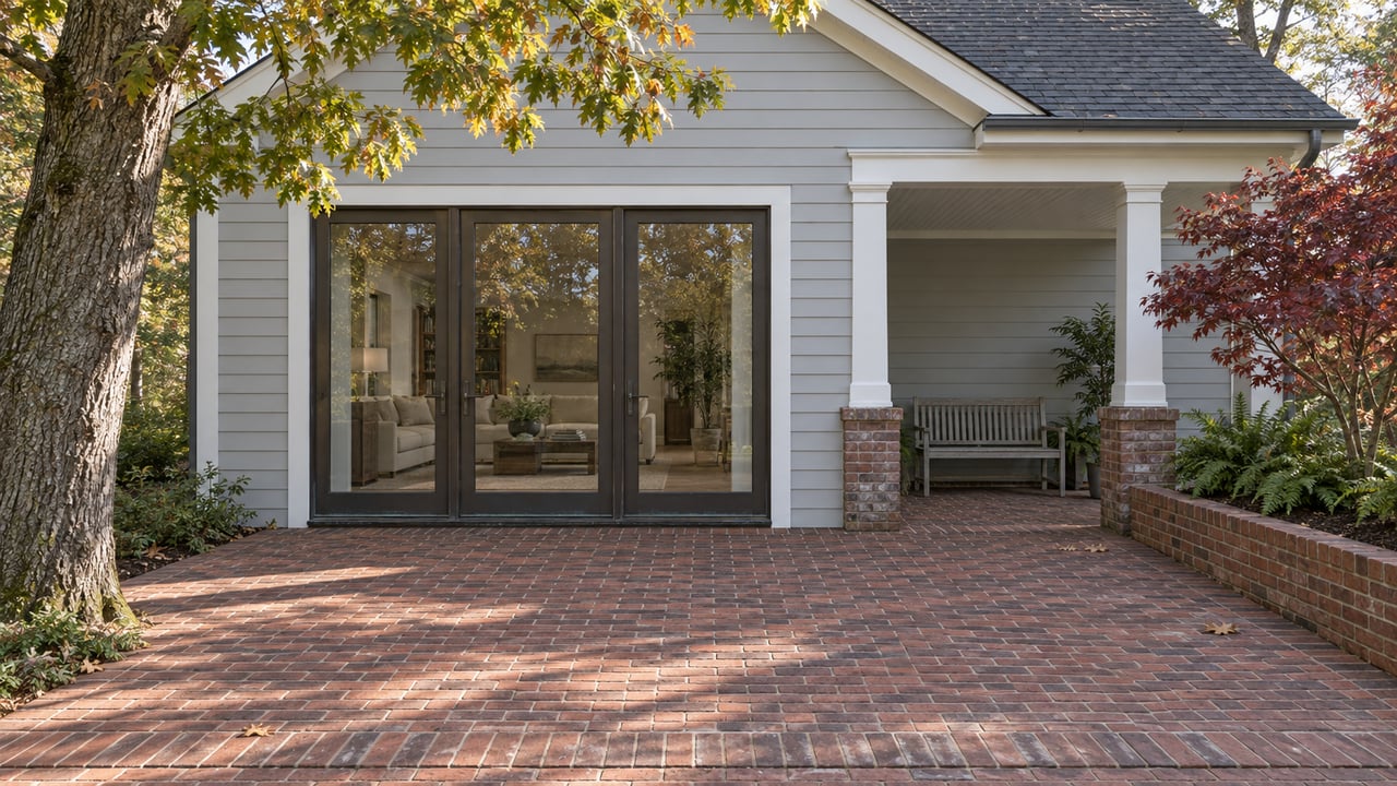 Wooded home's brick rear terrace with gray siding, closed glass doors, a teak bench, and burgundy dogwood foliage.