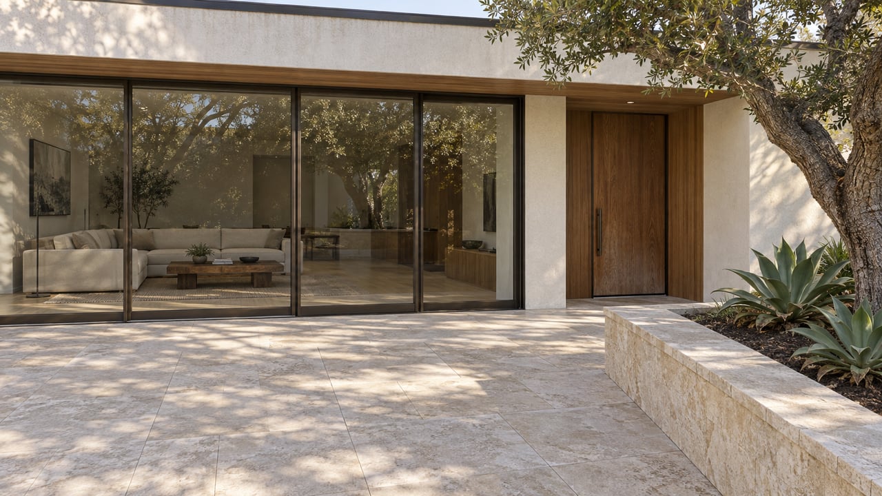 Elevated view across a limestone terrace toward a stucco luxury home with bronze-framed glazing, walnut entry, and a raised stone bed containing a mature oak and two agaves.