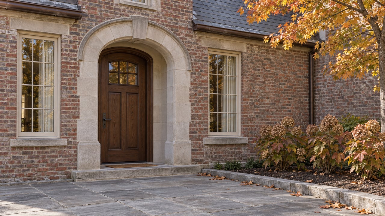 Autumn light across a brick home's arched oak entrance, limestone approach and russet oakleaf hydrangeas.