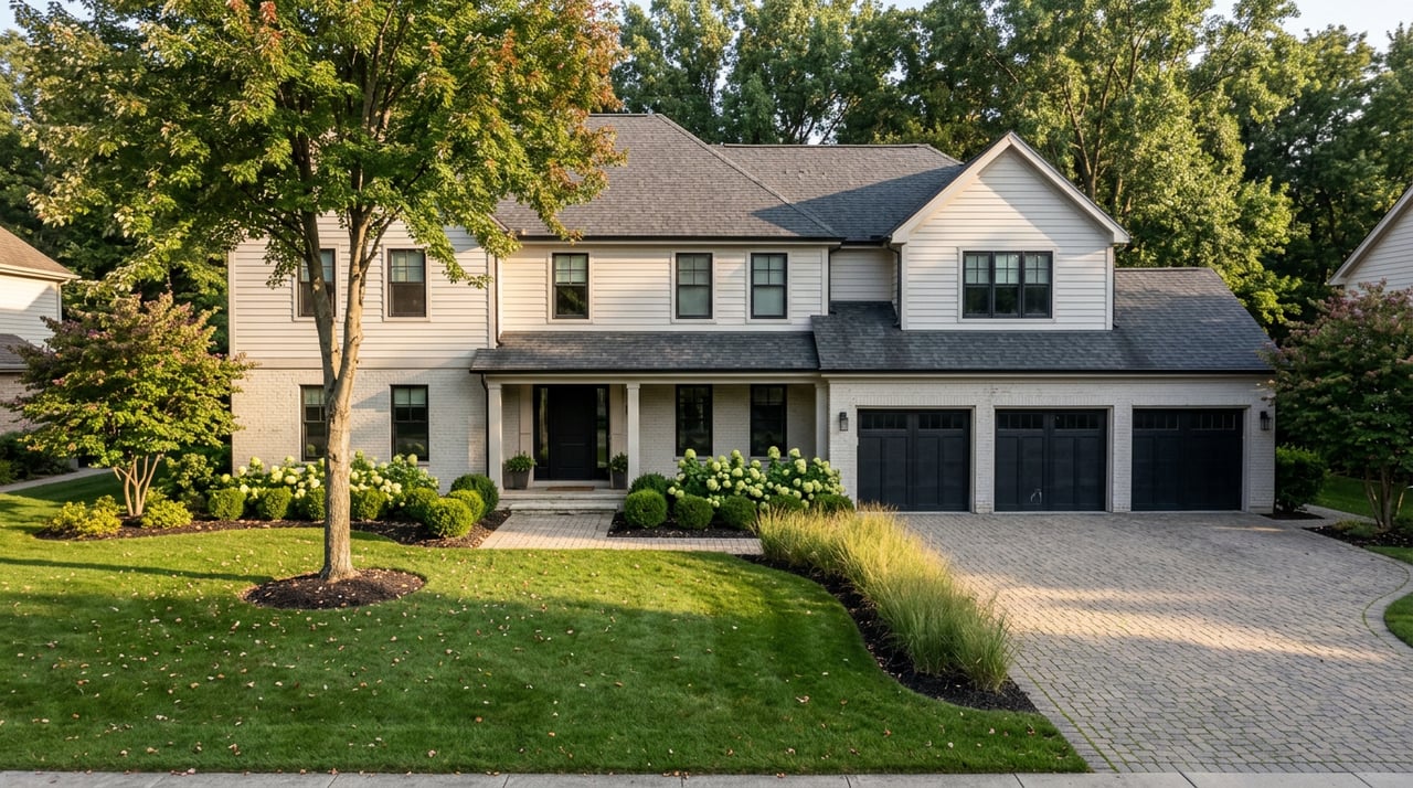 Two-story brick-and-siding house with a three-car garage, curved paver driveway, broad lawn, and mature trees.
