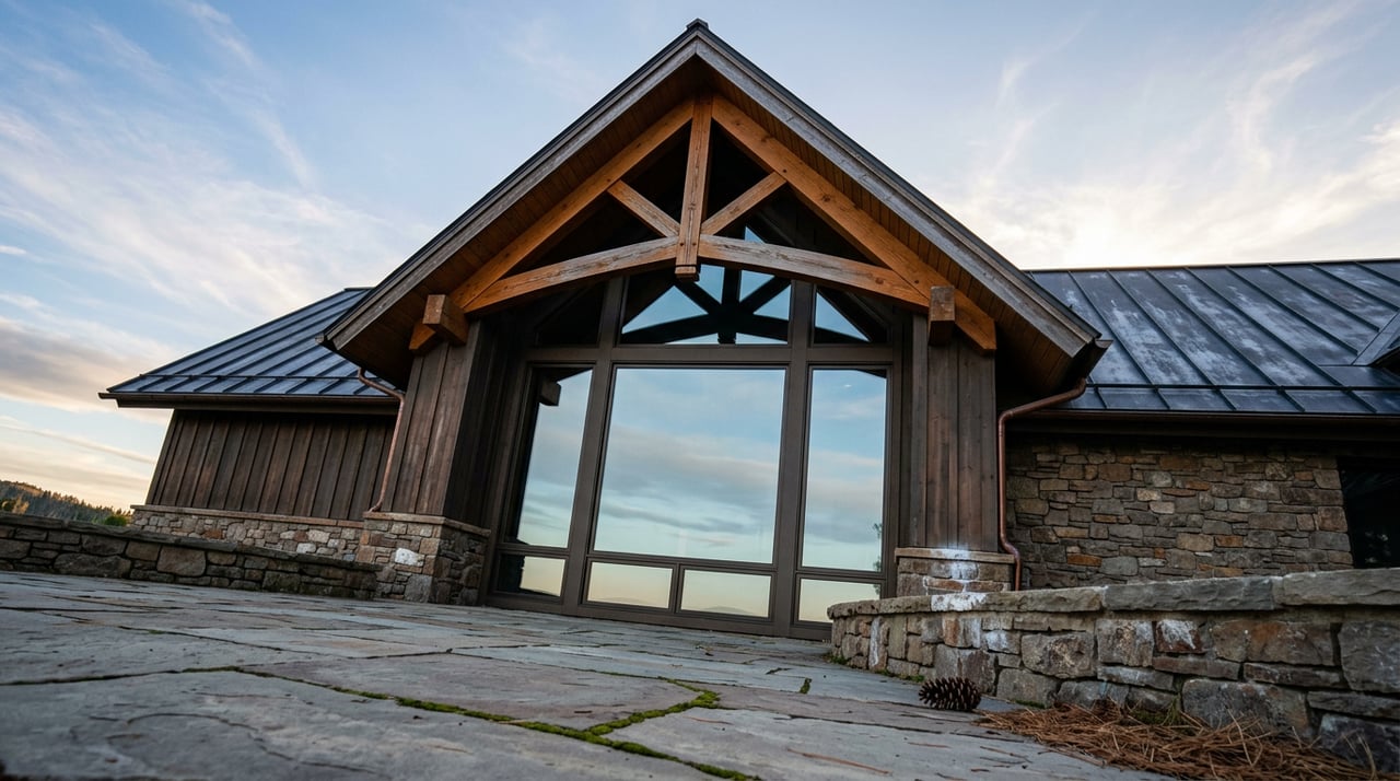 Steep-gabled mountain home with timber truss, reflective windows, stone base, juniper, spruces, and flagstone path.