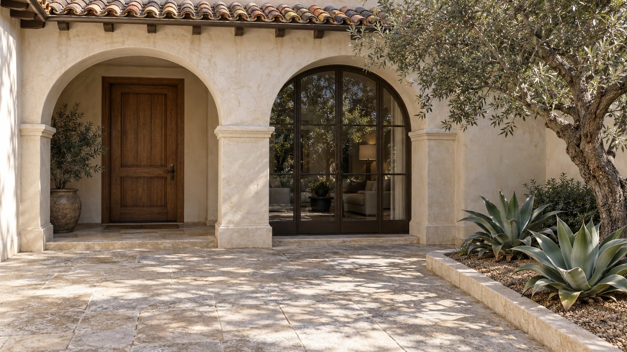 Mediterranean-style home entry with a wooden door, arched window, and stone courtyard.