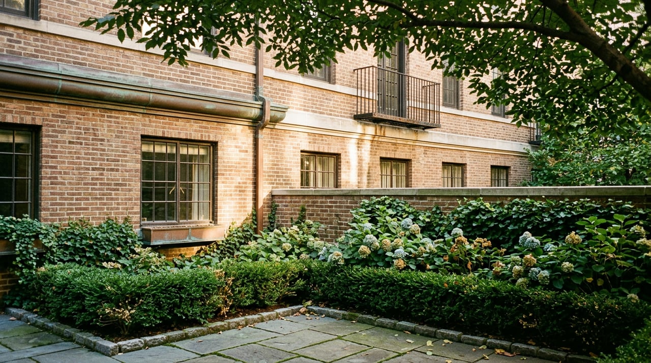 Compact courtyard garden with hydrangeas, a brick-and-limestone wall, and an elm beside a prewar apartment building.