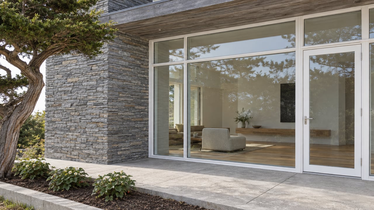 Tall white-framed glazing and a gray stacked-stone chimney beside a weathered concrete terrace and a wind-shaped cypress.