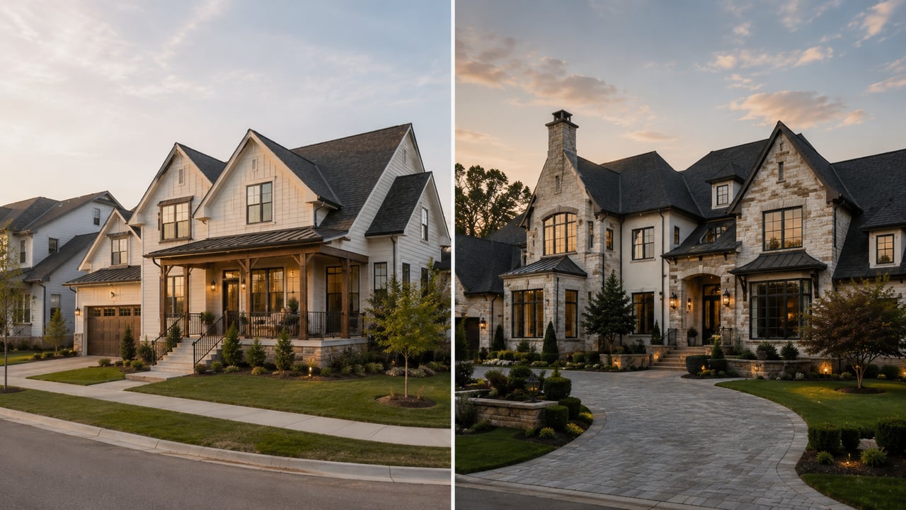 Side-by-side comparison of a semi-custom home and a fully custom luxury estate, highlighting differences in design, architecture, personalization, and upscale features.