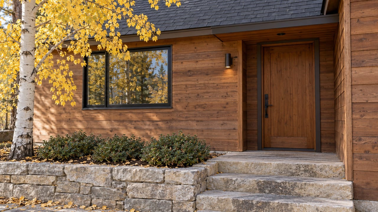 Cedar-sided home entry with limestone steps, a white aspen trunk, and golden leaves in the planter.