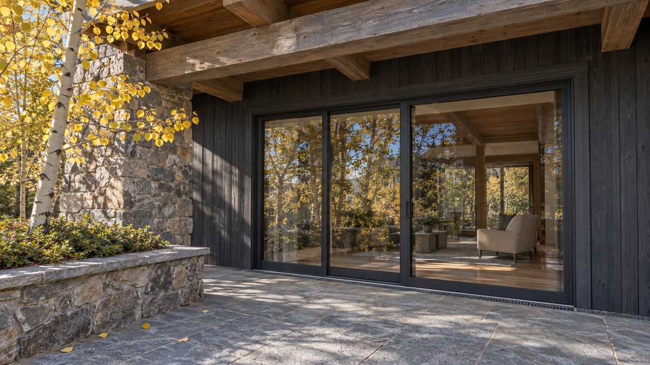 Timber-covered stone terrace beside charcoal siding and closed glass doors, with a yellow-leaved aspen in a raised stone bed.