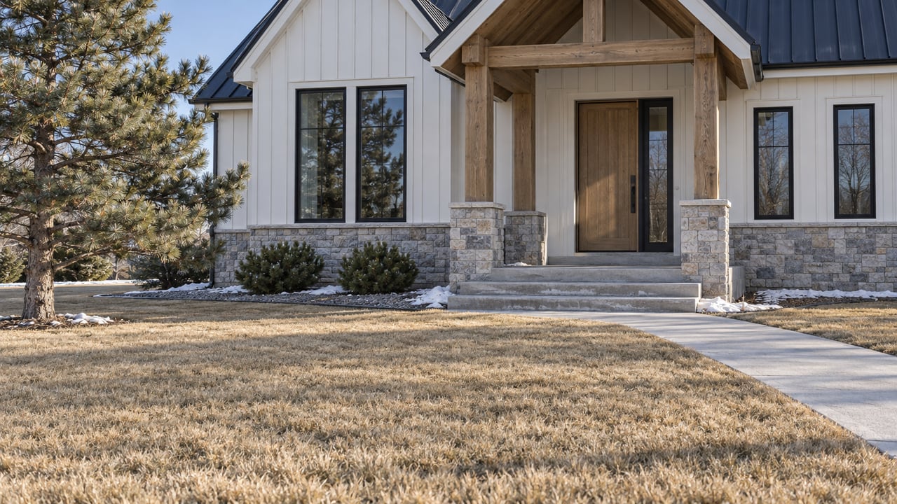 Winter sunlight on an ivory board-and-batten home with black windows, timber porch posts, stone entry steps, and a broad dormant front lawn.