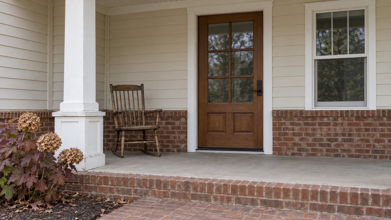 Covered porch with cream siding, a brown glazed wood door, red-brown brick steps and an oakleaf hydrangea with autumn foliage.