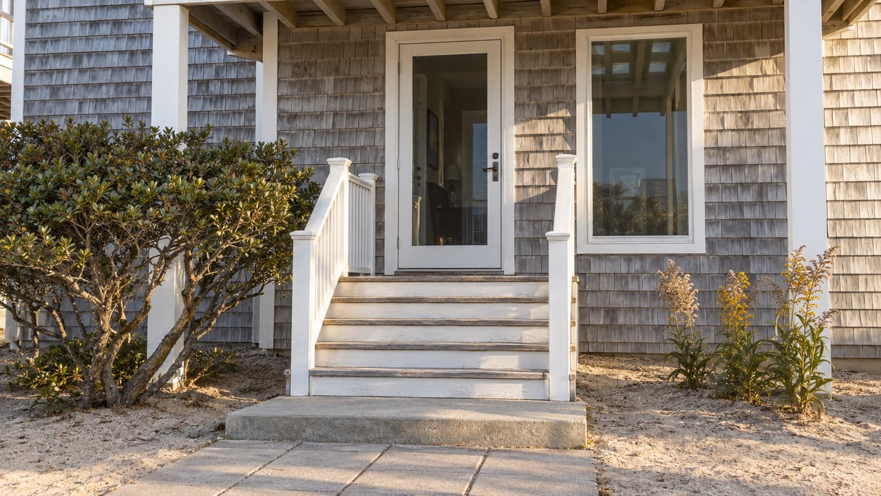 Weathered cedar-shingle shore-house entry with a glazed door, white-railed steps, and sparse seaside plants.