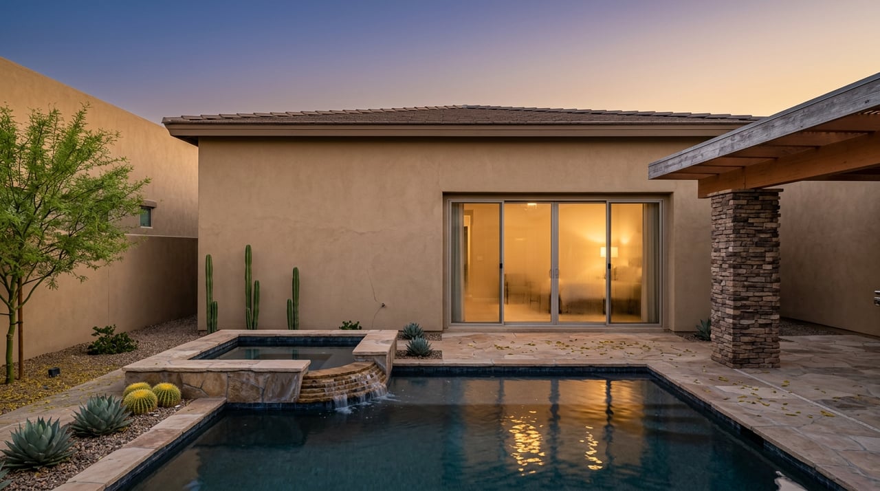 Backyard terrace with a raised spa spilling into a dark tiled pool, flagstone paving, cacti, and glowing glass sliders.