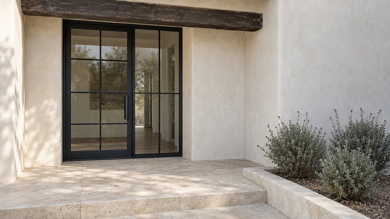 White plaster home entrance with black steel glazed door, dark timber lintel, pale limestone steps, and three gray-green sage plants.