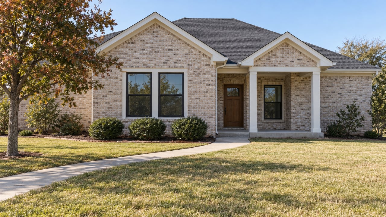 Single-story pale brick home with dark gabled roofing, a wood entry door, deep autumn lawn and one spreading oak.
