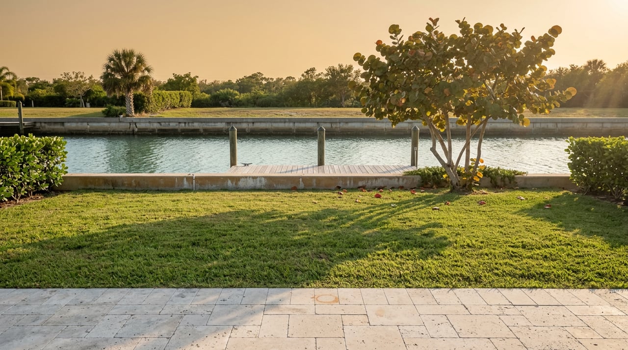 Concrete seawall borders a mown canal lawn; a weathered dock extends toward the palm-lined opposite bank.
