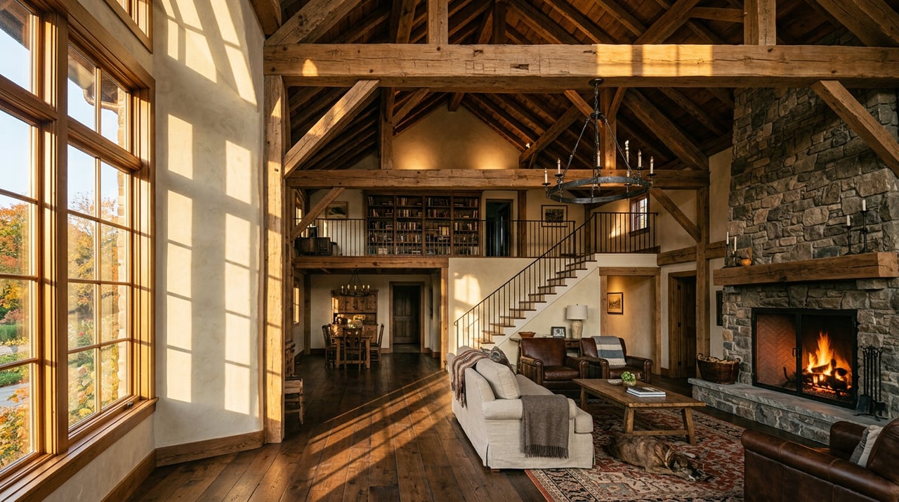 Renovated farmhouse great room with a fieldstone fireplace, exposed oak beams, and sunlight streaming through a tall window.