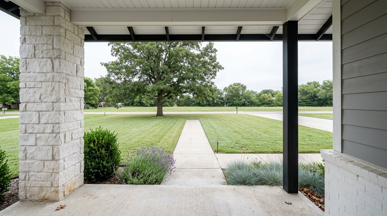 Concrete walk crosses a mowed lawn toward the street, framed by a stone pier, black steel column, and mature oak.