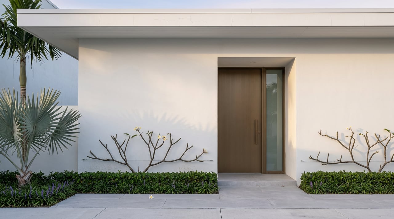 Recessed bronze-framed entry in white stucco, with silver-blue palm fronds, espaliered plumeria, and gray pavers.