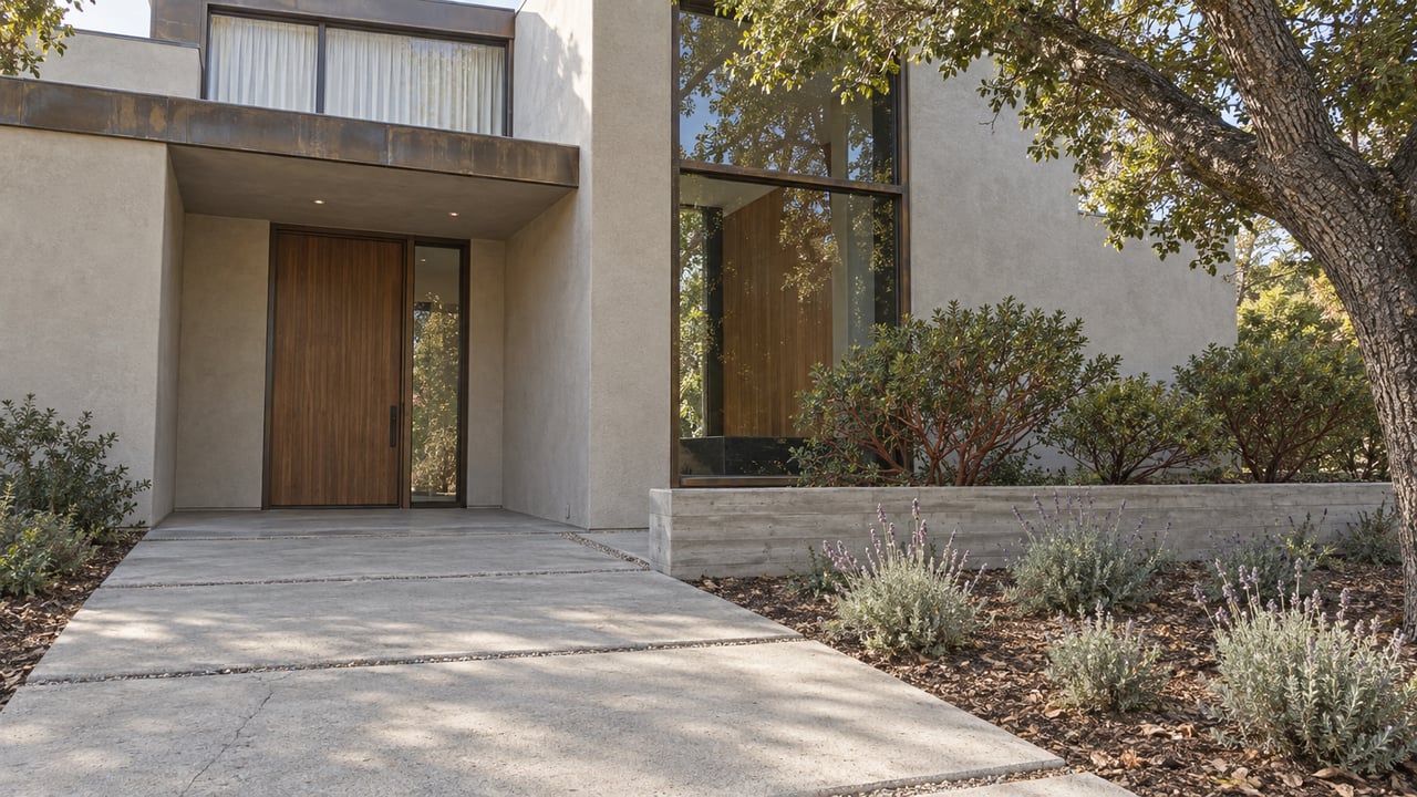 Contemporary home with pale stucco, bronze-framed windows and a walnut entry door beside a mature oak and planted concrete approach.