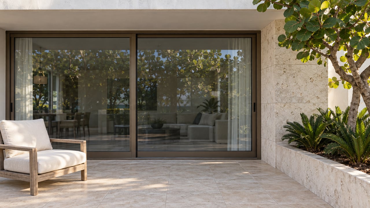 Sunlit limestone and bronze-framed sliding glass on a condominium terrace with a teak chair and sea-grape planting.