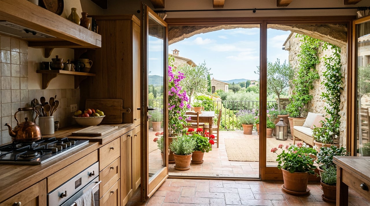 Condo kitchen island faces open steel-framed terrace doors and a potted olive tree rising above the parapet.